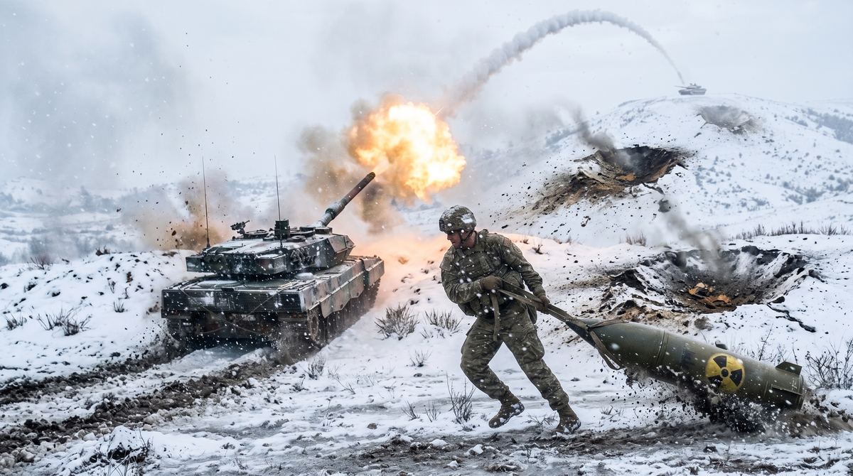 Panzer feuert in einer Schneelandschaft