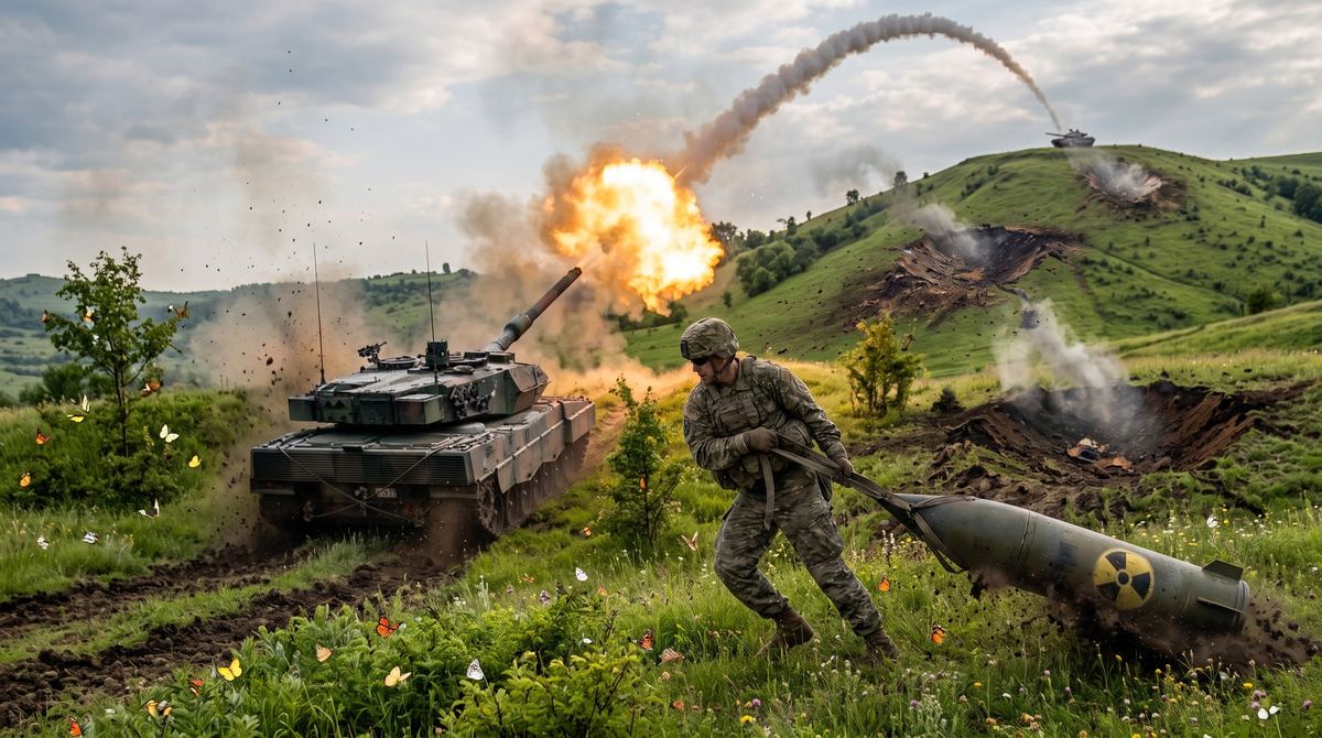 Panzer feuert auf einer grünen Wiese