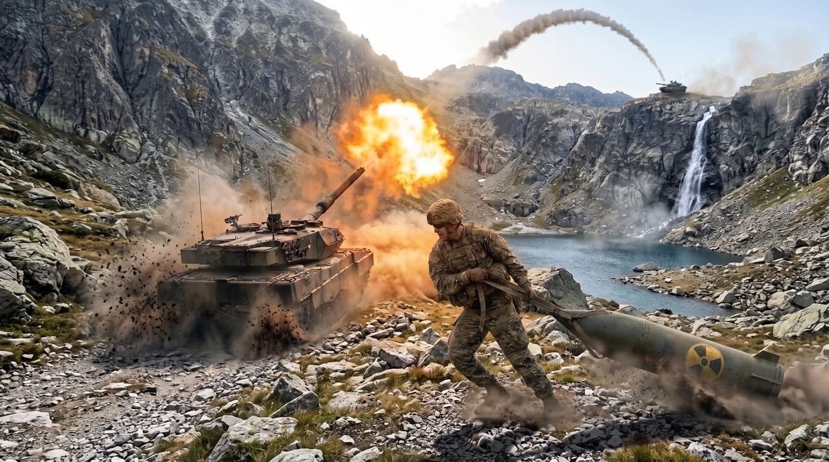 Panzer feuert im Gebirge